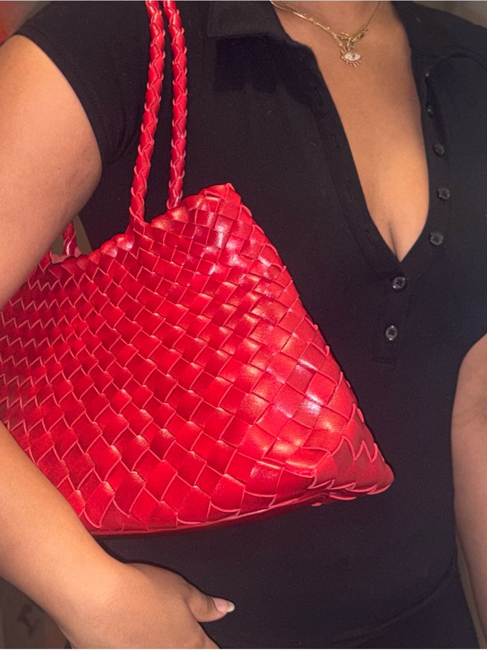 Red Woven Tote Bag - Women's Shoulder Bag